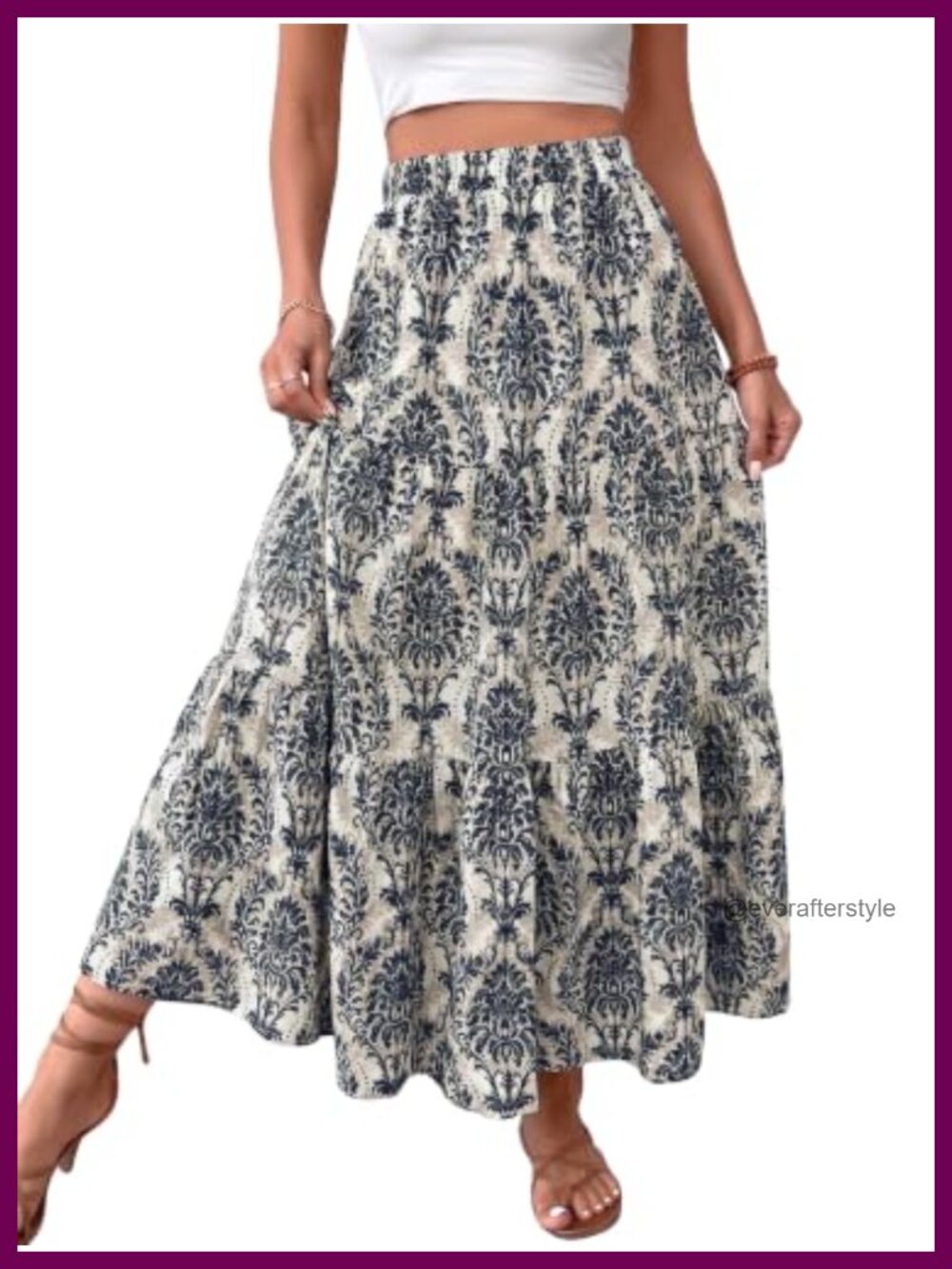 Boho Floral Maxi Skirt A-Line Elastic Waist Pockets Fall